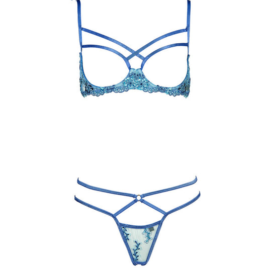 FREEDOMBEAUTY | FJ298 Mermaid blue breasts open-file women's erotic underwear bra set steel tray CD cup big chest strap