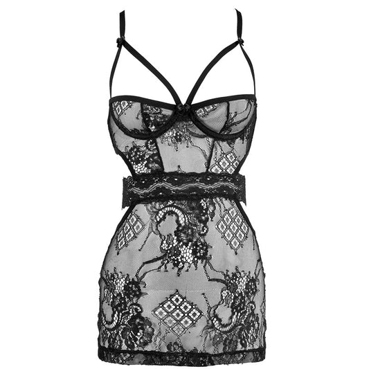 FREEDOMBEAUTY | FQ2661 Sexy non-elastic lace nightdress steel ring half cup suspender waist hollow pajamas women's black thin perspective