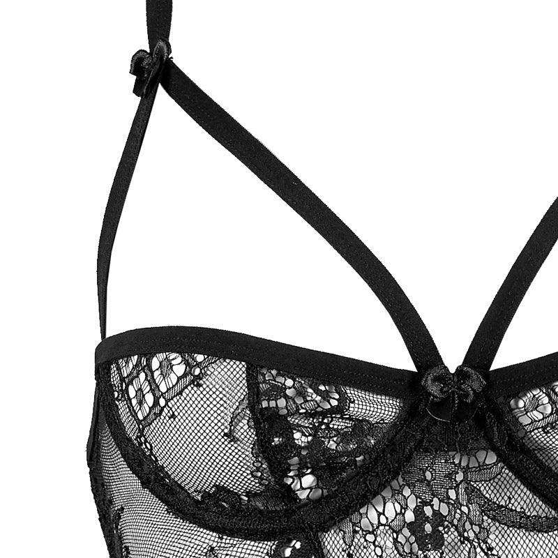 FREEDOMBEAUTY | FQ2661 Sexy non-elastic lace nightdress steel ring half cup suspender waist hollow pajamas women's black thin perspective