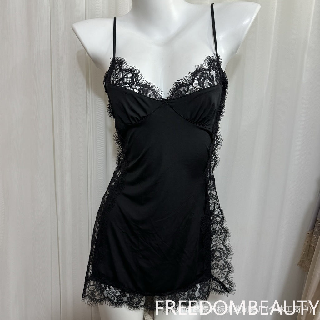 FREEDOMBEAUTY1002 black lace suspender nightdress sexy backless cross with sex pajamas French pure desire thin new