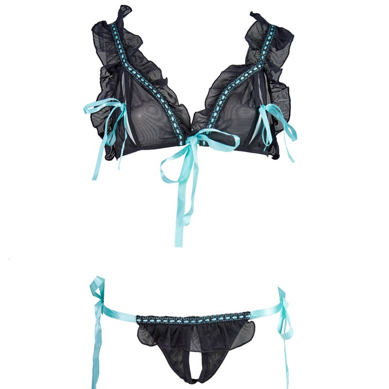 FREEDOMBEAUTY | FQ2096S Soft Cup Mesh BRALETTE No Steel Rim Open Chest Open Crotch Front Strap Bra Sex Underwear Set