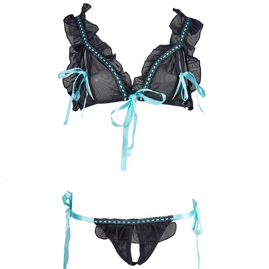 FREEDOMBEAUTY | FQ2096S Soft Cup Mesh BRALETTE No Steel Rim Open Chest Open Crotch Front Strap Bra Sex Underwear Set