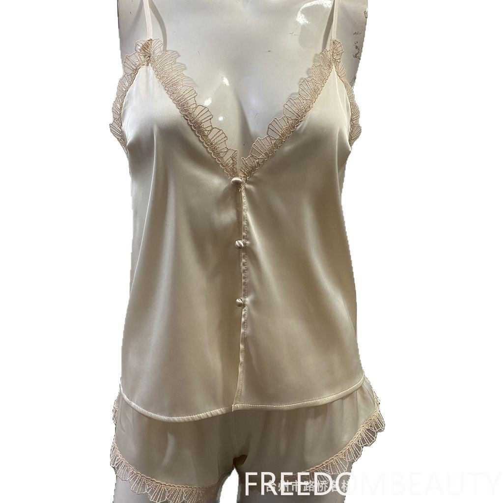 FREEDOMBEAUTY | 7087 Shell Embroidered Delicate Satin Sex Pajamas Pajamas Two-piece Set, Without Removable Chest Pad