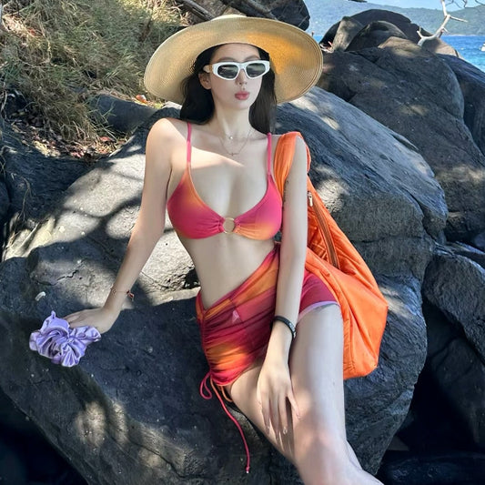 freedombeauty|Beach Hot Girl Dopamine Swimsuit for Women Korean Style Sexy Backless with Chest Pad Two-Piece Ruched Skirt Bikini for Women