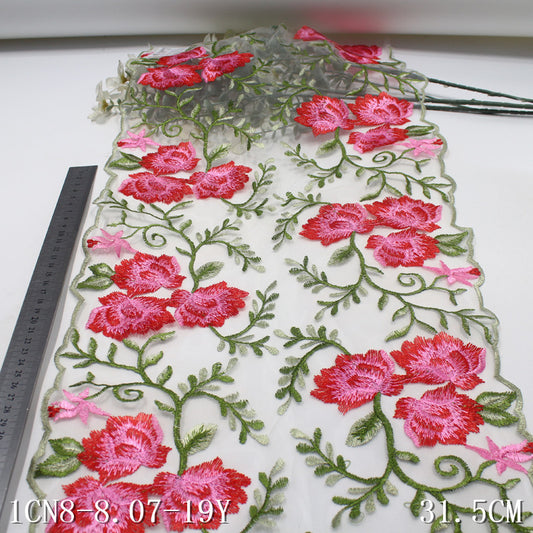 freedombeauty|Transparent Mesh Spring Double-Sided Red Flower Cluster Embroidery Trim Textured Decorative Curtain Fabric Tablecloth DIY