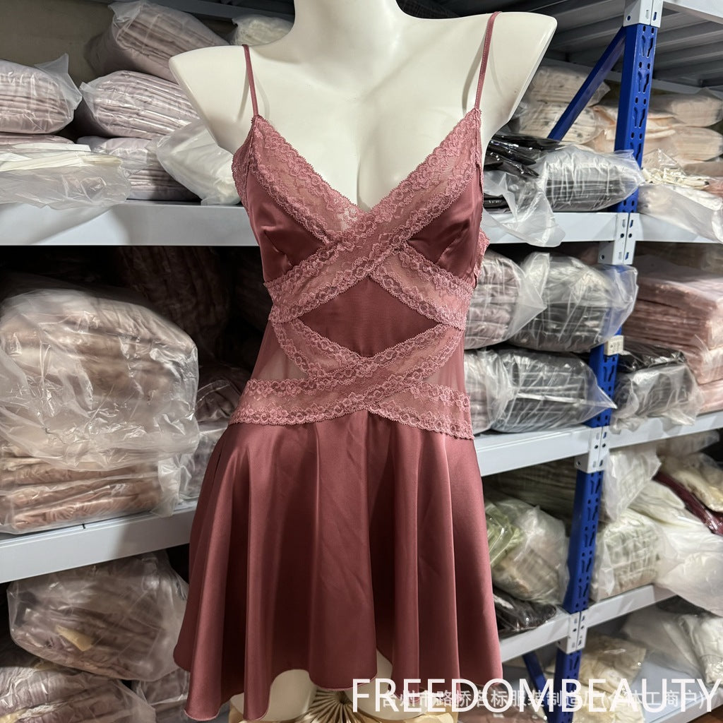 FREEDOMBEAUTY | 71090 Sexy Pure Lace Perspective Seduction Pajamas Plus Chest Pad Suspender Pajamas with Removable Chest Pad