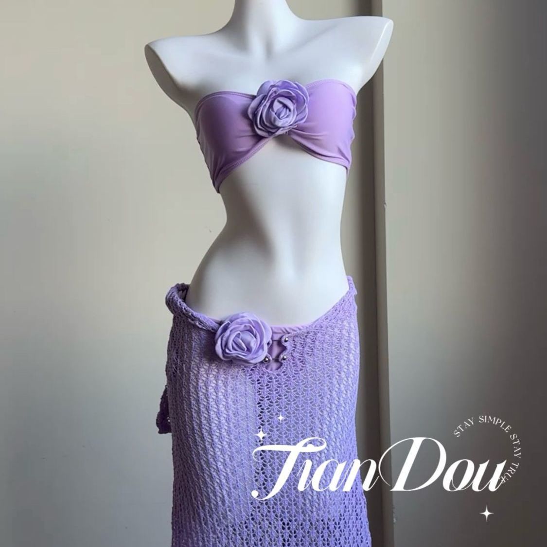 freedombeauty|[Drunken] High-Quality Vacation Sexy Beach Two-Piece Swimsuit Women Bikini Three-Piece Set Purple Brightening