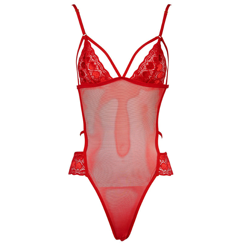 Freedombeauty | FQ2678 Lace mesh strap onesie women's perspective sexy halter black red European and American foreign trade