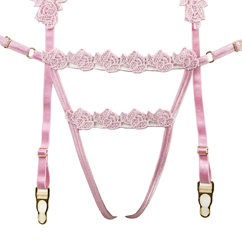 FREEDOMBEAUTY | FJ300 pink water-soluble flower hollow triangle cup adjustment shoulder strap neck garter belt open crotch thong three-piece set