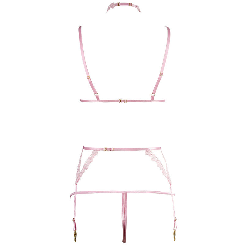 FREEDOMBEAUTY | FJ300 pink water-soluble flower hollow triangle cup adjustment shoulder strap neck garter belt open crotch thong three-piece set