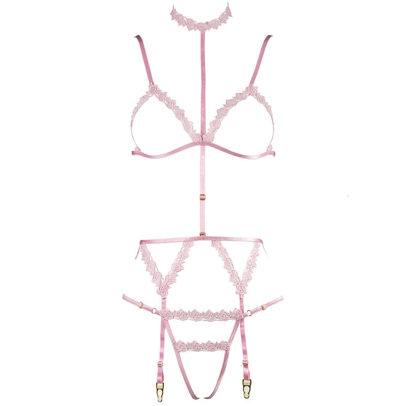 FREEDOMBEAUTY | FJ300 pink water-soluble flower hollow triangle cup adjustment shoulder strap neck garter belt open crotch thong three-piece set