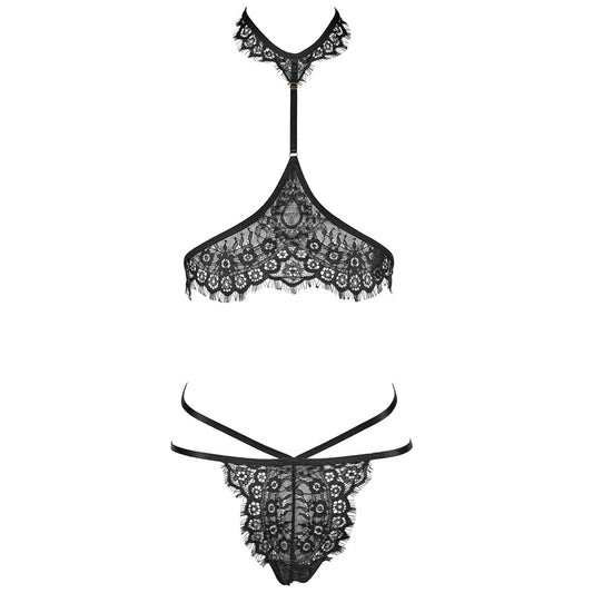FREEDOMBEAUTY | FQ2675 Neck Adjustable Eyelash Lace Lotion Low Waist Elastic Belt Thong Black Sex Underwear Suit Women