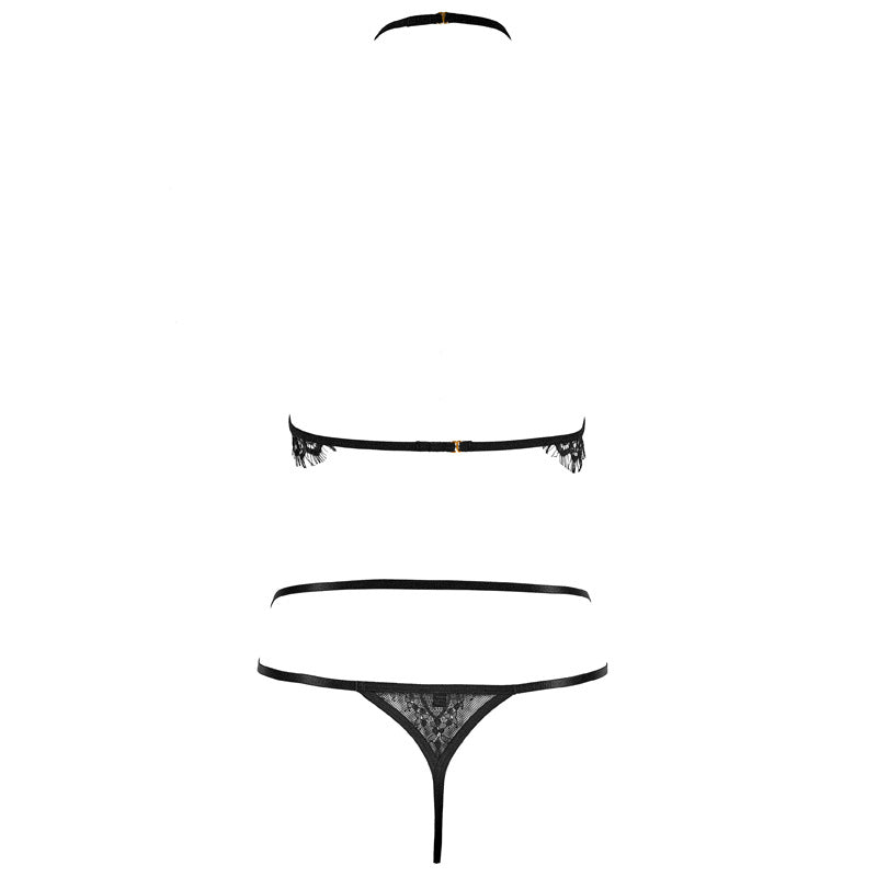 FREEDOMBEAUTY | FQ2675 Neck Adjustable Eyelash Lace Lotion Low Waist Elastic Belt Thong Black Sex Underwear Suit Women