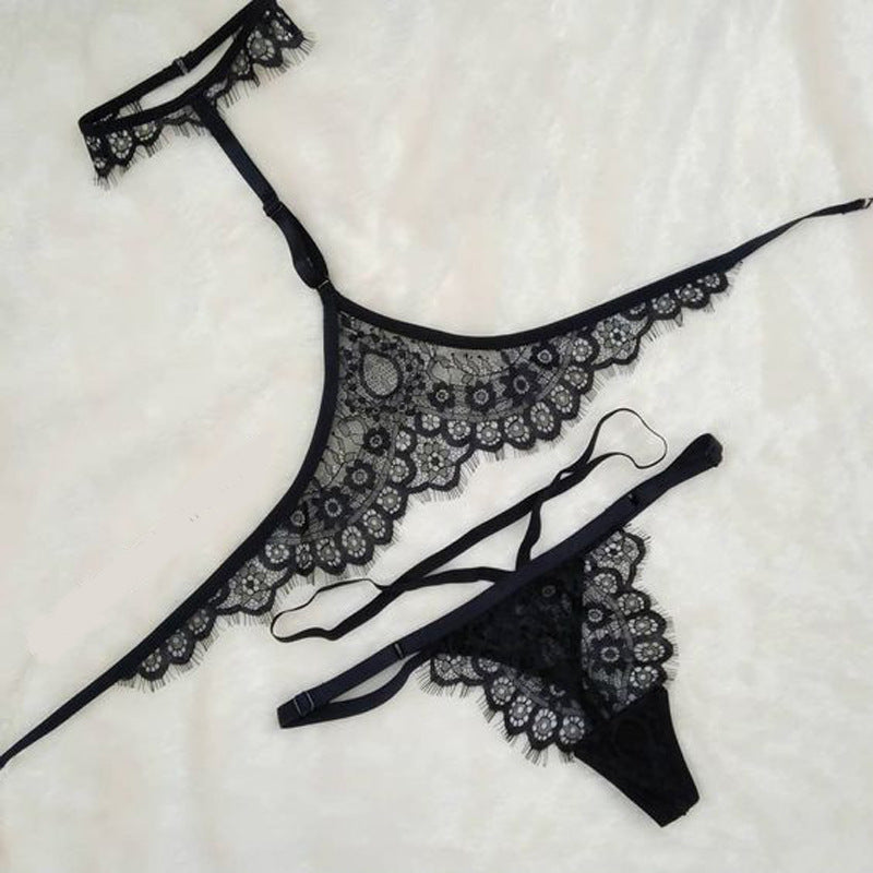 FREEDOMBEAUTY | FQ2675 Neck Adjustable Eyelash Lace Lotion Low Waist Elastic Belt Thong Black Sex Underwear Suit Women