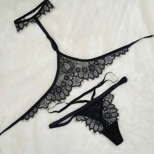 FREEDOMBEAUTY | FQ2675 Neck Adjustable Eyelash Lace Lotion Low Waist Elastic Belt Thong Black Sex Underwear Suit Women
