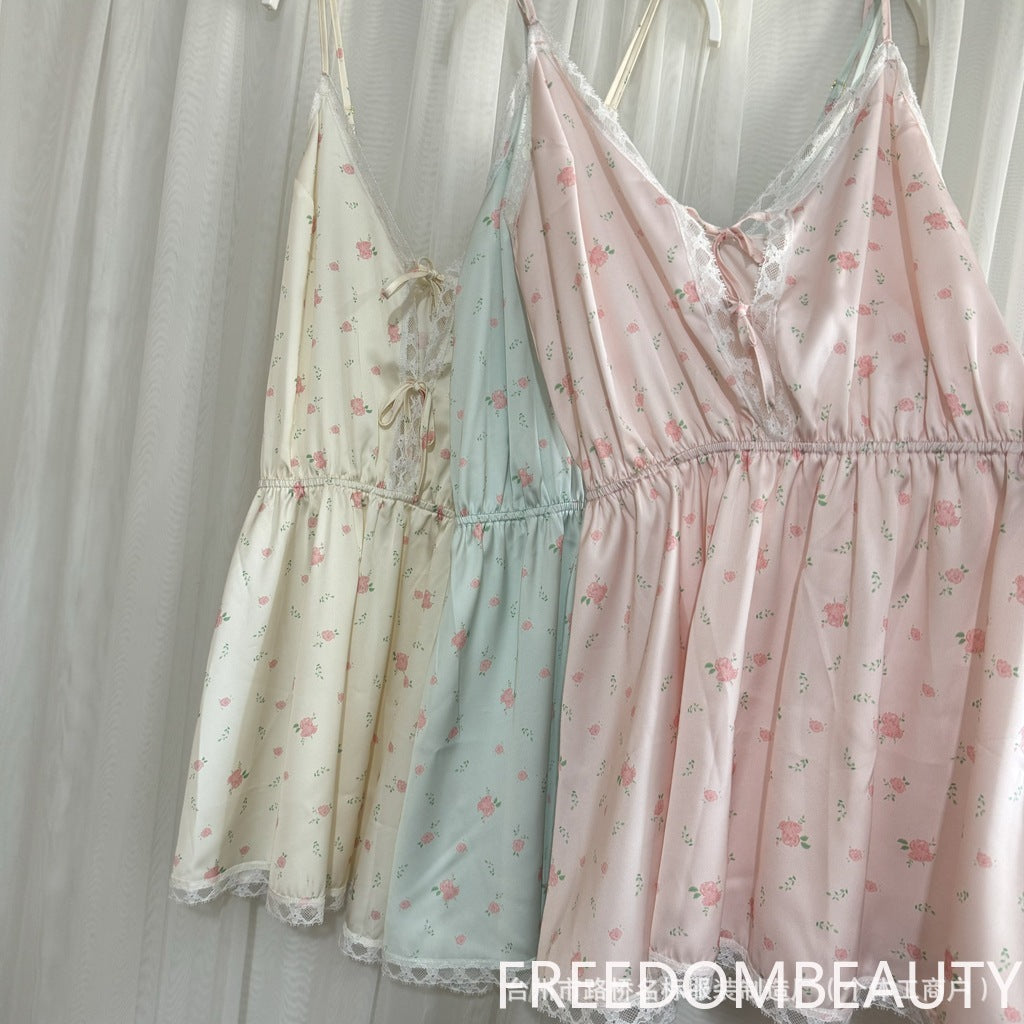 FREEDOMBEAUTY | 71060 Summer ice silk nightdress with chest pad thin ins wind floral lace edge cute pajamas loungewear Nana