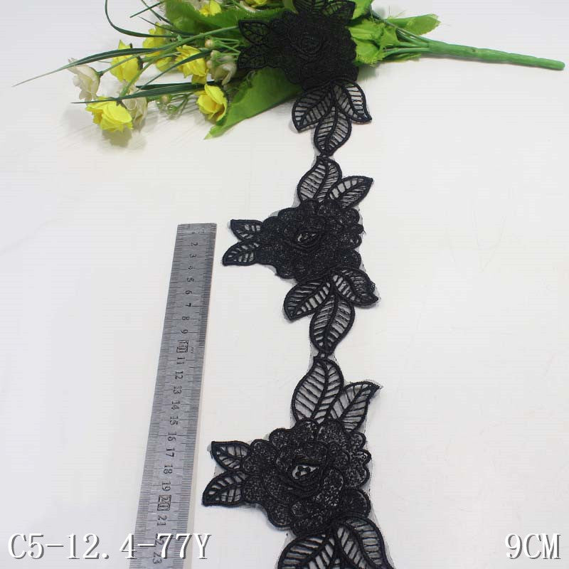 Freedombeauty | Black Flower Leaves with Edge Pattern Narrow Embroidery Lace Accessories Curtain Handmade Lace