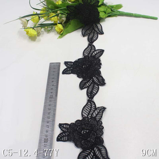 Freedombeauty | Black Flower Leaves with Edge Pattern Narrow Embroidery Lace Accessories Curtain Handmade Lace