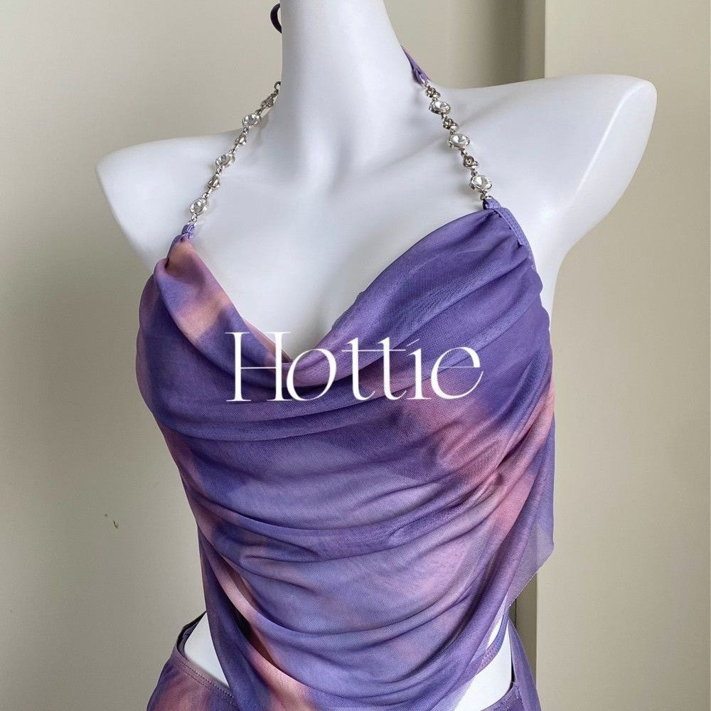 freedombeauty|2024 New Purple Mesh Sexy Bikini Three-Piece Set Two-Piece Skirt Style Tummy Control Slimming Beach Spa Vacation
