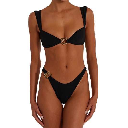 FREEDOMBEAUTY | 2025 new European and American metal buckle sexy swimsuit women's beach bikini hot spring swimsuit bikini