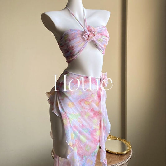 freedombeauty|New Pink Bikini Floral Two-Piece Skirt Swimsuit for Women Three-Piece Set Vacation Beach Small Chest Ins Pure Desire