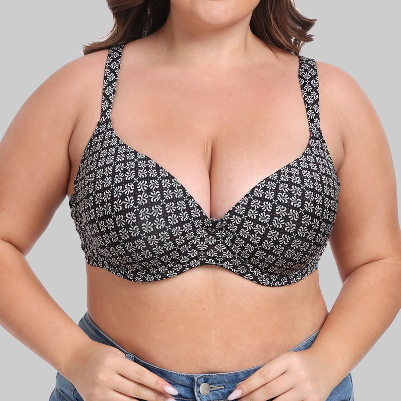 Freedombeauty | Thin Cup Push up Sponge Sandwich Widened Shoulder Strap Steel Ring Printing plus Size Bra European and American Plump Girls Underwear Bra