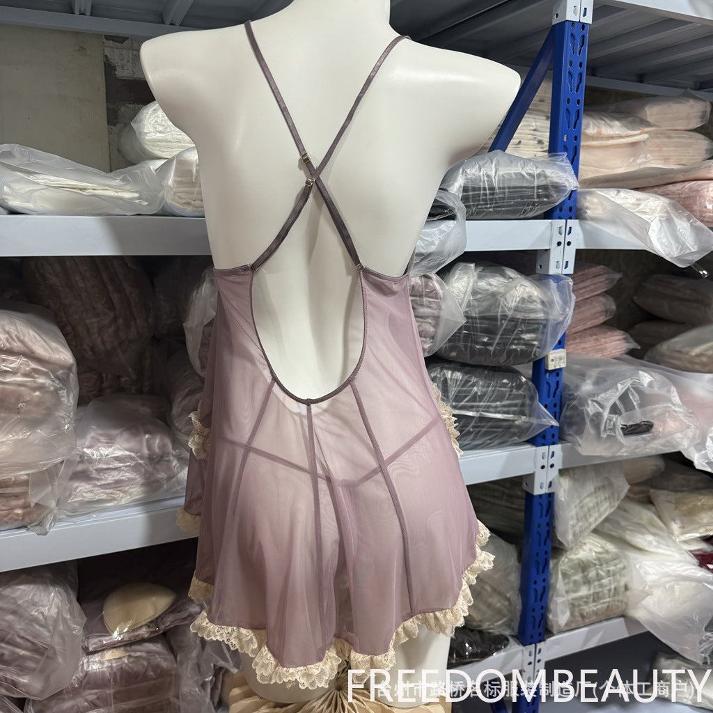 FREEDOMBEAUTY | 50980 Sexy Deep V Chest Collapse Plus Chest Pad Mesh Lace Suspender Dress with Removable Chest Pad