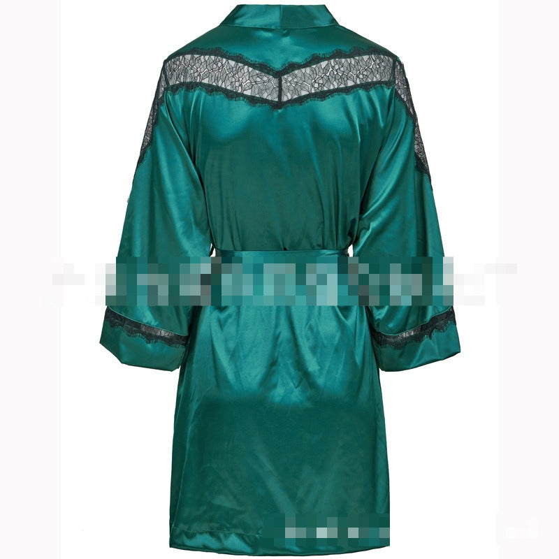 FREEDOMBEAUTY | FQ2825 high-quality satin satin splicing eyelash lace see-through nightgown seven-quarter sleeve air-conditioned room luxurious and noble