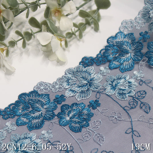 Freedombeauty | Blue Grenadine Unilateral Two-Tone Flower Embroidery Lace Clothing Home Textile 19cm Lace Accessories