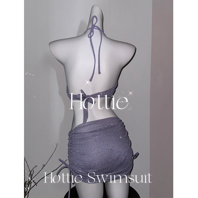 freedombeauty|Shiny Rhinestone High-End One-Piece Swimsuit Two-Piece Set with Hip-Hugging Skirt and Underwire Push-Up Sexy Backless Swimsuit 4167
