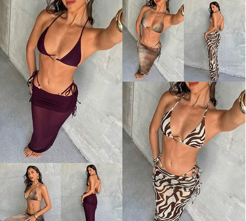FREEDOMBEAUTY | 2026 summer beach swimsuit set, European and American new swimsuit long-sleeved sunscreen, mesh three-piece swimsuit for women