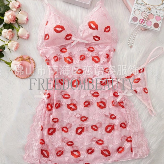 Freedombeauty | Thin with Shoulder-Straps Night Skirt Suit with Sexy Lace Fashion Sweet Pure Desire Style Sexy Sleepwear