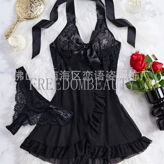 Freedombeauty | Sexy Seduction Sexy Sleepwear Suit Lace Bow Mesh See-through Halter Nightdress Source Factory Hair