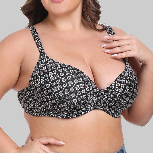 Freedombeauty | Thin Cup Push up Sponge Sandwich Widened Shoulder Strap Steel Ring Printing plus Size Bra European and American Plump Girls Underwear Bra