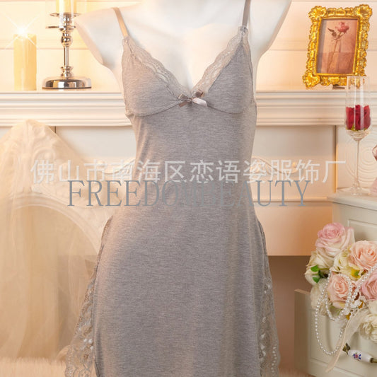 Freedombeauty | Sexy Charm Lace Stitching Elastic Modal Fashionable with Side-Slit Sexy Sleepwear Sling for Women