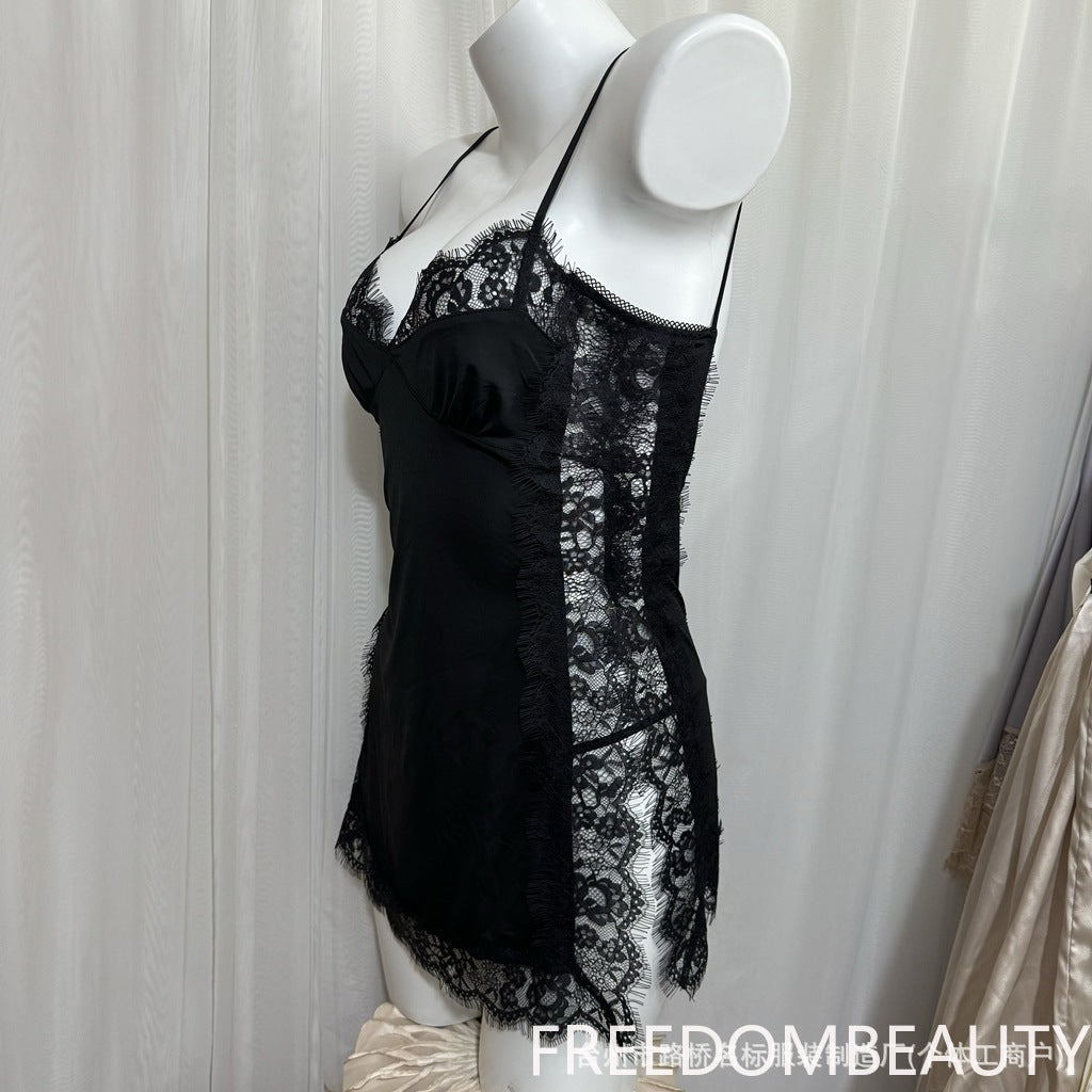 FREEDOMBEAUTY1002 black lace suspender nightdress sexy backless cross with sex pajamas French pure desire thin new