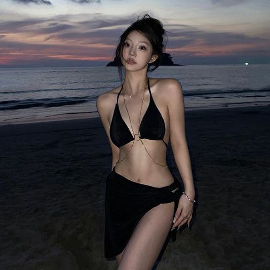 freedombeauty|Black Chain Swimsuit Three-Piece Set Cover Skirt Conceals Pure Desire Internet Celebrity Ins Sexy Beach Bikini Sanya Vacation