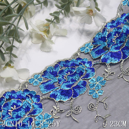 Freedombeauty | Black Mesh Bilateral Blue Flower Embroidery Lace Curtain Sofa Cushion Lace Accessories DIY