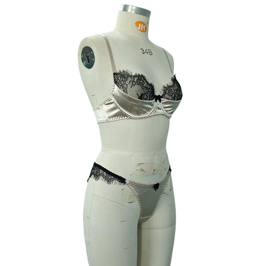 FREEDOMEBEAUTY | European and American cross-border new fashionable black lace splicing French satin sexy women's bow exquisite bra cover