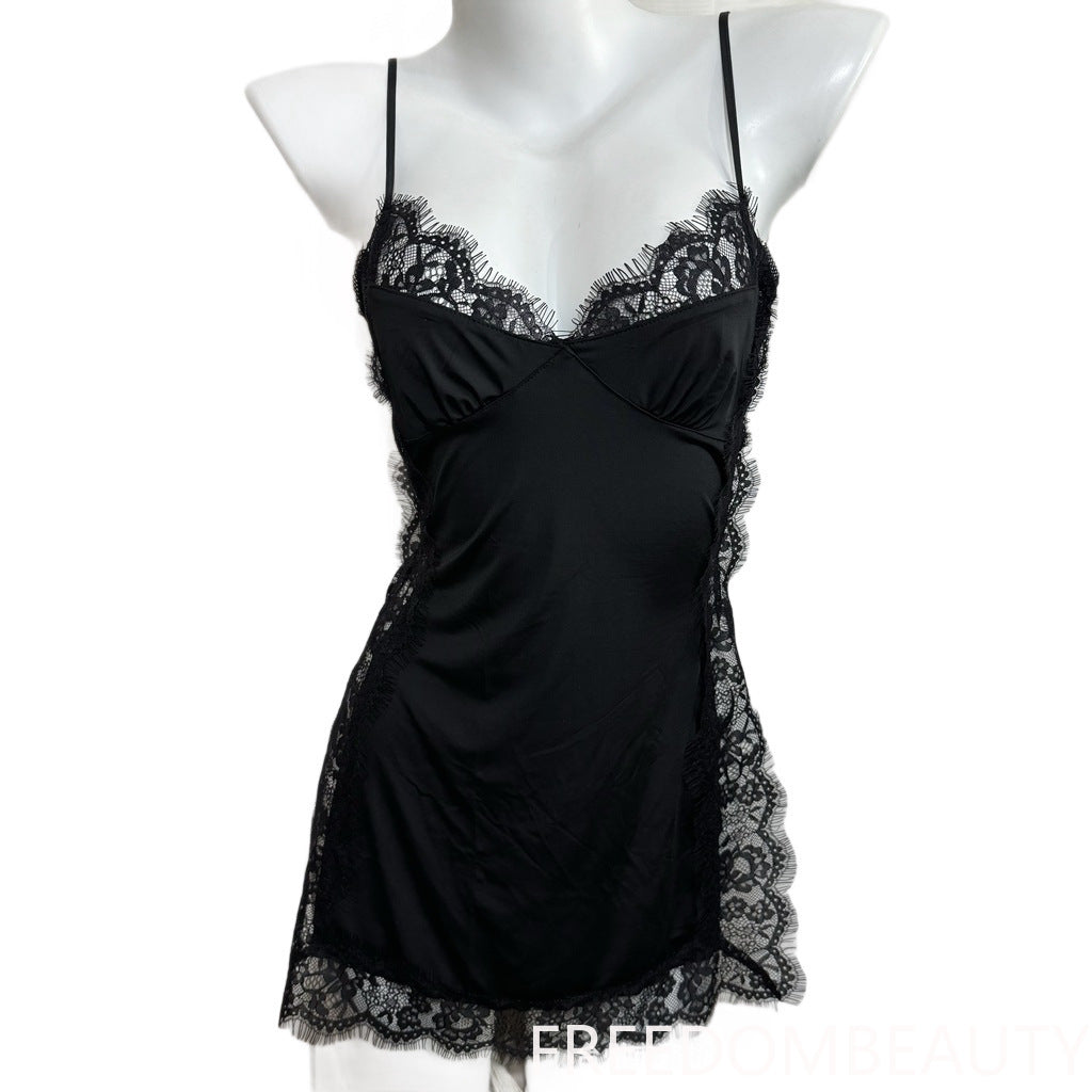 FREEDOMBEAUTY1002 black lace suspender nightdress sexy backless cross with sex pajamas French pure desire thin new