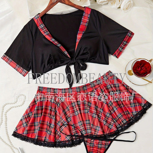 Freedombeauty | Fashion Plaid New Sweet Pure Desire Wind Charm Short Sleeve Sexy Underwear Sexy Sleepwear