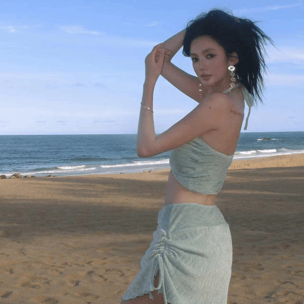 freedombeauty|[Mint Mambo] Sexy Two-Piece Skirt Style Three-Piece Bikini Small Chest Gathered Hot Spring Beach Vacation Swimsuit