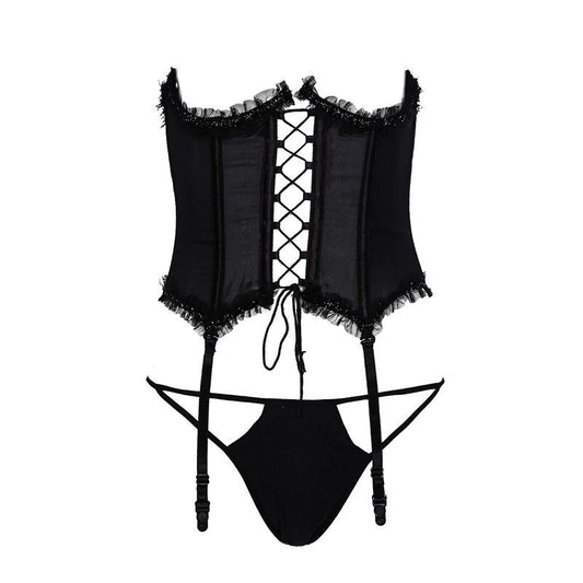 FreedomBeauty | FQ2199 Black Mesh Rim Breast Strap Tights Waist Seal Bone Suit Waist Low Waist Thong Suit Women