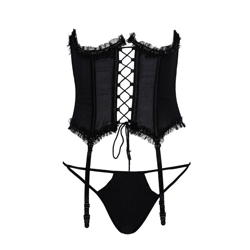 FreedomBeauty | FQ2199 Black Mesh Rim Breast Strap Tights Waist Seal Bone Suit Waist Low Waist Thong Suit Women