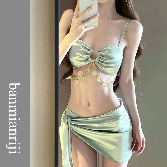 freedombeauty|Bikini Swimsuit Women Sexy Pure Desire Three-Piece Set 2024 New Style Photo Shoot Beautiful Beach Vacation Hot Spring Swimwear