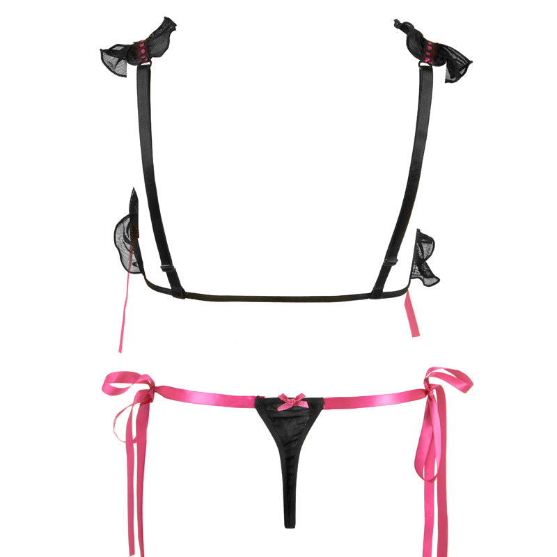 FREEDOMBEAUTY | FQ2096S Soft Cup Mesh BRALETTE No Steel Rim Open Chest Open Crotch Front Strap Bra Sex Underwear Set