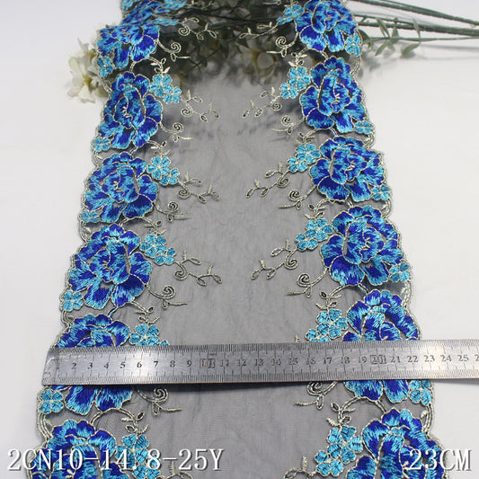 Freedombeauty | Black Mesh Bilateral Blue Flower Embroidery Lace Curtain Sofa Cushion Lace Accessories DIY