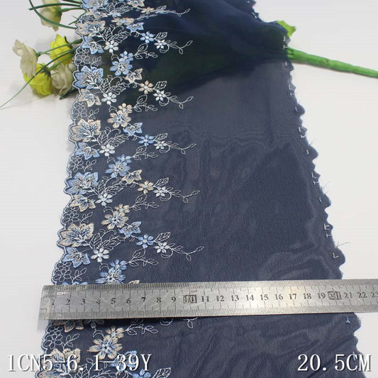 Freedombeauty | Dark Blue Single Side Flowers Print Chiffon Embroidered Lace Curtain Sofa Cushion Lace Accessories