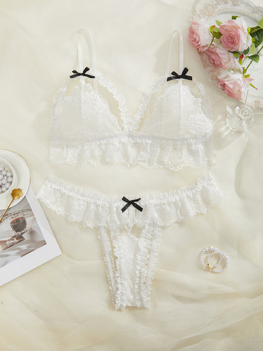 Freedombeauty | Popular Sexy Lingerie Sexy White Lace Small Bowknot French Sexy Lingerie Suit plus Size