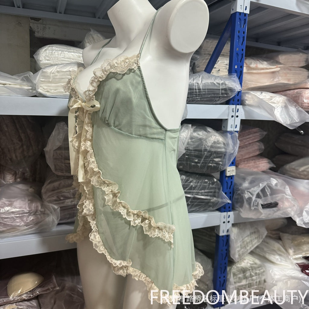 FREEDOMBEAUTY | 50980 Sexy Deep V Chest Collapse Plus Chest Pad Mesh Lace Suspender Dress with Removable Chest Pad